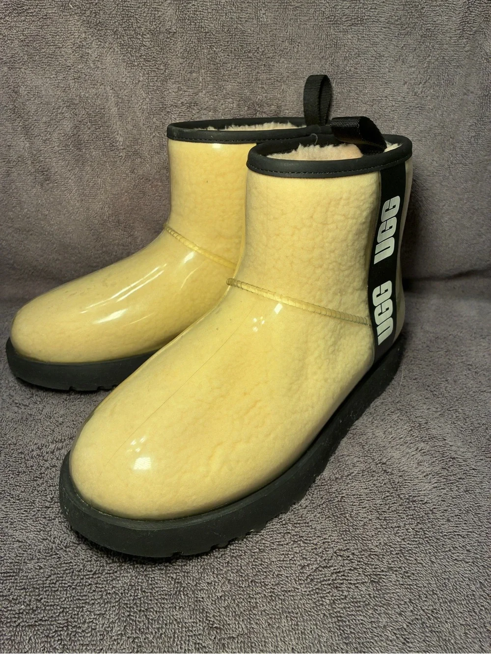 UGG Yellow Patent Shearling Ankle Boots with Black Trim